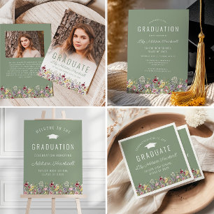 Boho Wildflowers Sage Green Graduation Party Invitation
