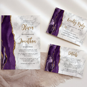Purple Gold Marble Agate Calligraphy Wedding Invitation