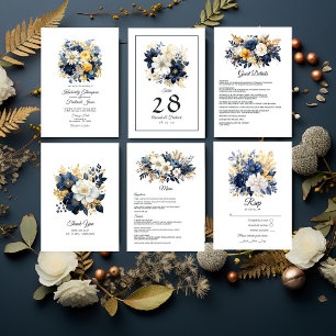 Navy, White and Gold Floral Wedding Menu