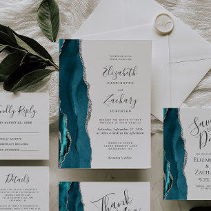 Modern Teal Silver Agate Wedding Invitation