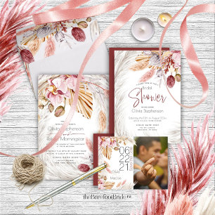 Rustic Burgundy Pink Floral Ivory Pampas Grass Inv Invitation