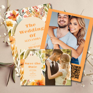 Photo Watercolor Pink Orange Wildflowers Wedding Invitation