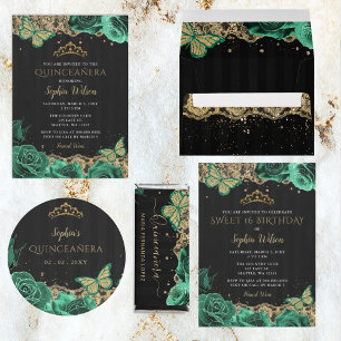 Green Roses Butterfly Black Gold Lace Envelope