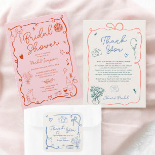 Retro pink red handdrawn illustrated bridal shower invitation