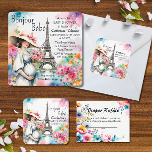 Bonjour Bebe Floral Eiffel Tower Paris Baby Shower Invitation
