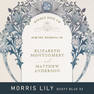 Silver Blue Vintage Wedding William Morris Foil Invitation