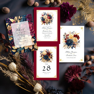 Gold, Navy Blue, and Burgundy Floral Wedding Table Number