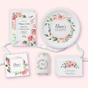 Elegant Pink Rose Floral 70th Birthday Flat Thank You Card