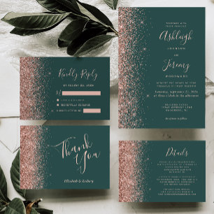 Modern Rose Gold Glitter Edge Dark Green Wedding Invitation