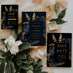 Elegant Moody Dark Floral Navy Blue Gold Wedding Invitation