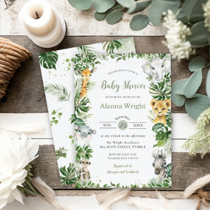 Chic Greenery Cute Jungle Animals Baby Sip and See Invitation