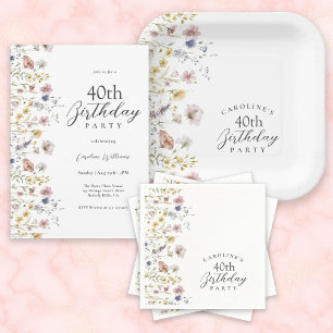 Watercolor Wildflowers Floral 40th Birthday Party Paper Plates