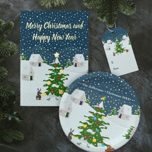 Christmas snow village with christmas tree  holiday card