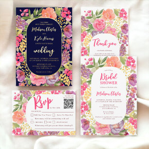 Bohemian bright floral arch script navy wedding foil invitation