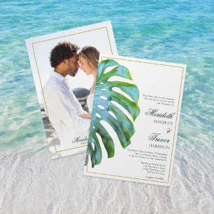 Tropical Monstera Leaf Green Gold Beach Wedding Invitation