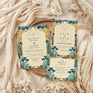 Golden Cornflower Art Nouveau Wedding Thank You Card