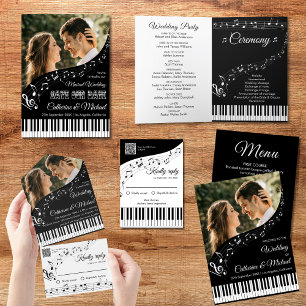 Piano Music Black & White Photo QR Code Wedding Invitation