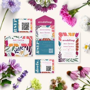 Chic Colorful Abstract Floral Retro Wedding QR Invitation