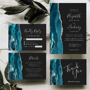 Teal Agate Silver Dark Wedding Thank You Card