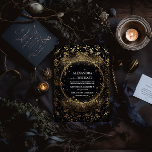 Mystical Black Gold Celestial Wedding  All In One Invitation