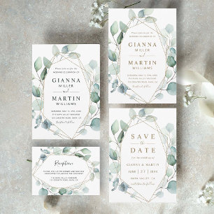 Gold Script Geometric Greenery Foliage Wedding Invitation