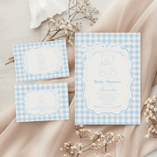 Cute Gingham French Teddy Bear Baby Shower Paper Plates