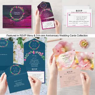 Pink Floral Greenery Sky Blue Elegant Wedding RSVP All In One Invitation