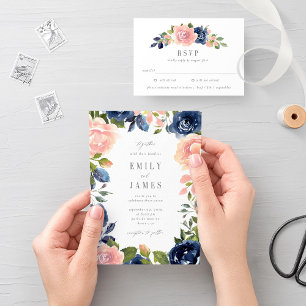 Navy Blush Floral Wedding Invitation #NBC