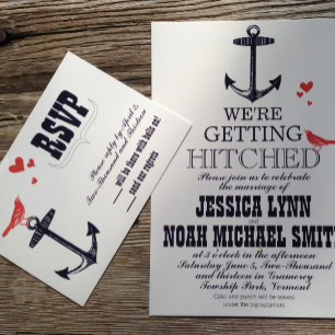 Vintage Modern Coral Bird Navy Nautical Wedding Invitation
