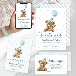 Bear balloon boy baby shower photo invitation