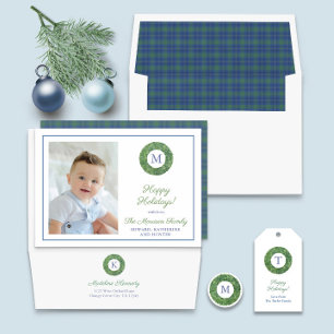 Preppy Chic Boxwood Wreath Monogram Happy Holidays Gift Tags