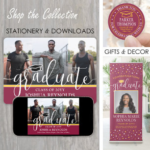 Modern Script Maroon and Gold 4 Photo Graduation Announcement