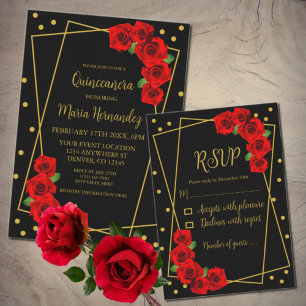 Red Rose Black and Gold Quinceañera Table Number