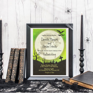 Halloween wedding invitation in green with moon