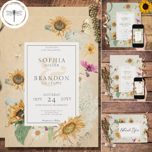 Vintage Summer Sunflower Floral Wedding Thank You Card