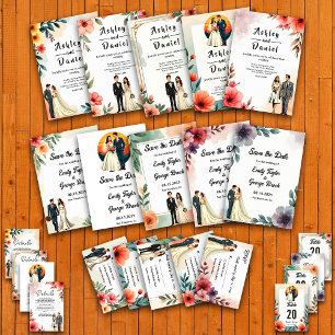 Romantic Watercolor Floral Bride And Groom Wedding Invitation