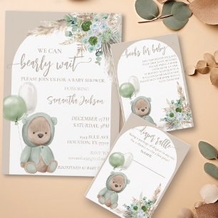 Baby Shower Bearly Wait Green Boho Bear    Invitation