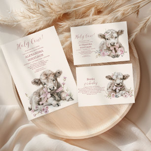 Pink Girl Floral Highland Cow Baby Shower  Paper Plates