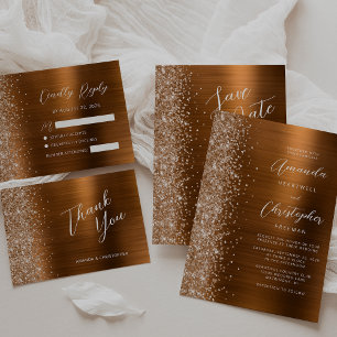 Glam Copper Brushed Metal Glitter Wedding Invitation
