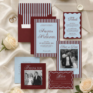 Ice Blue & Burgundy Stripes Retro Wedding Envelope