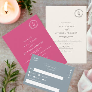 Classic floral magenta monogram wedding arch invitation