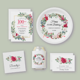 Red Rose and Holly 100th Birthday Elegant Can Cooler