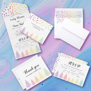 Rainbow trees and confetti lesbian Save the Date Announcement Postcard
