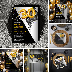 Balloons Elegant Black   Gold 30th Birthday Party  Banner