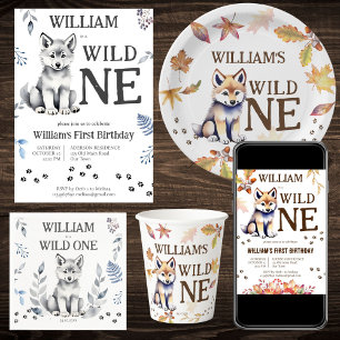 Cute wolf cub wild one woodlands birthday party invitation