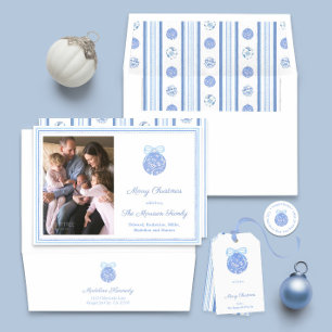 Watercolor Blue And White Ornament Christmas Photo Holiday Card