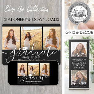 4 Photo Collage Black and White Graduation Party Invitation