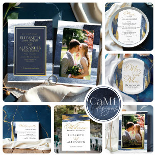 Watercolor Wedding Menus   Blue Abstract Gilded