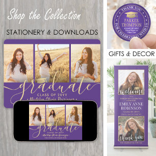 3 Photo Collage Purple and Gold Graduation Party Invitation