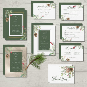 Winter Pine Cone Berries Gold Wedding Invitation